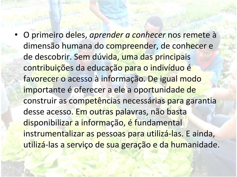 De igual modo importante éoferecer a ele a oportunidade de construir as competências necessárias para garantia desse acesso.