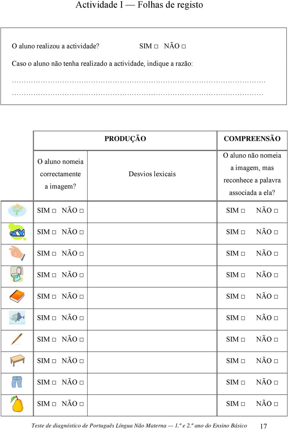 PRODUÇÃO Desvios lexicais COMPREENSÃO O aluno não nomeia a imagem, mas reconhece a palavra associada a ela?