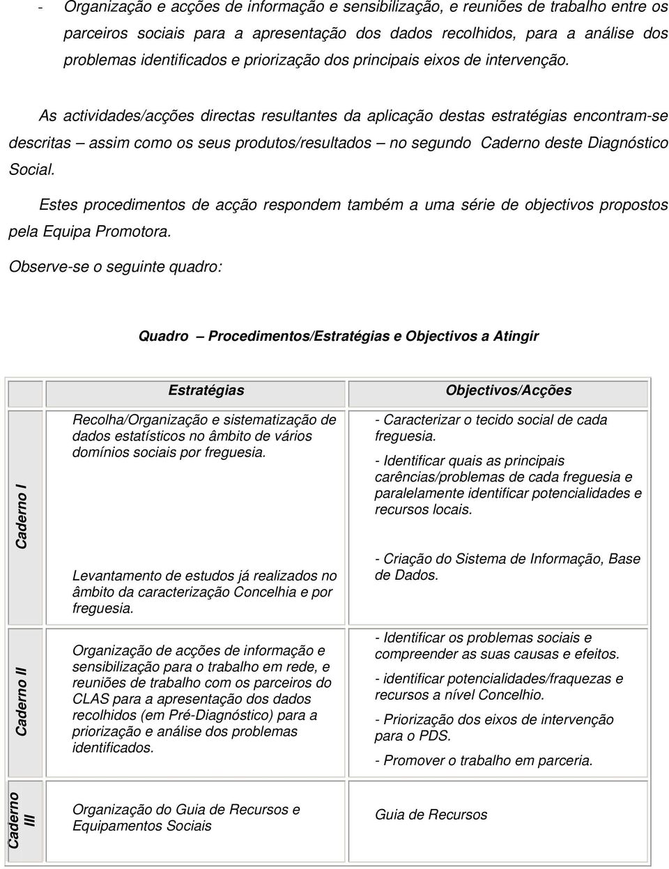 As actividades/acções directas resultantes da aplicação destas estratégias encontramse descritas assim como os seus produtos/resultados no segundo Caderno deste Diagnóstico Social.