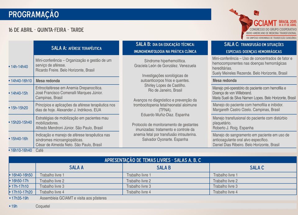 Indrikovs. EUA Estratégias de mobilização em pacientes mau mobilizadores. Alfredo Mendroni Júnior. São Paulo, Brasil Indicação e manejo de aférese terapêutica nas síndromes microangiopáticas.