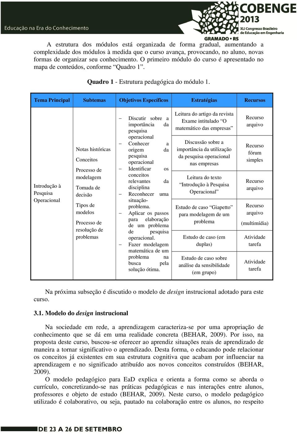 Tema Principal Subtemas Objetivos Específicos Estratégias Recursos Introdução à Pesquisa Operacional Notas históricas Conceitos Processo de modelagem Tomada de decisão Tipos de modelos Processo de