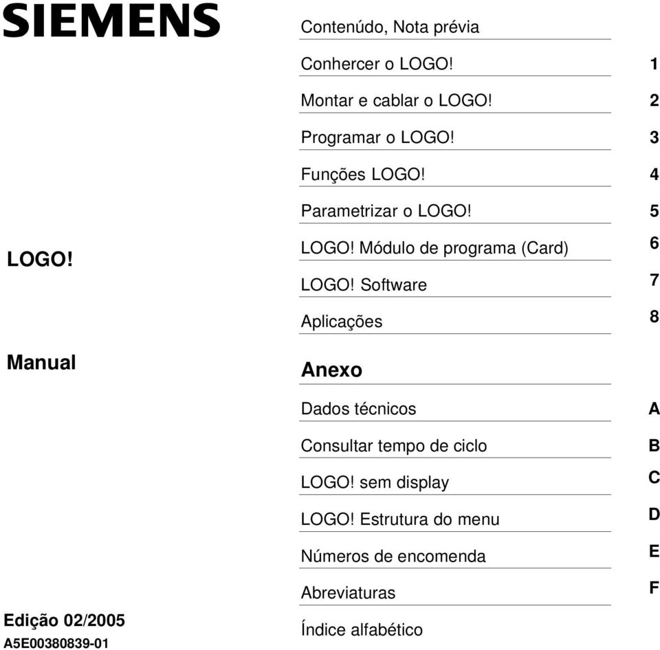 Software 7 Aplicações 8 Manual Anexo Edição 02/2005 Dados técnicos Consultar tempo de ciclo