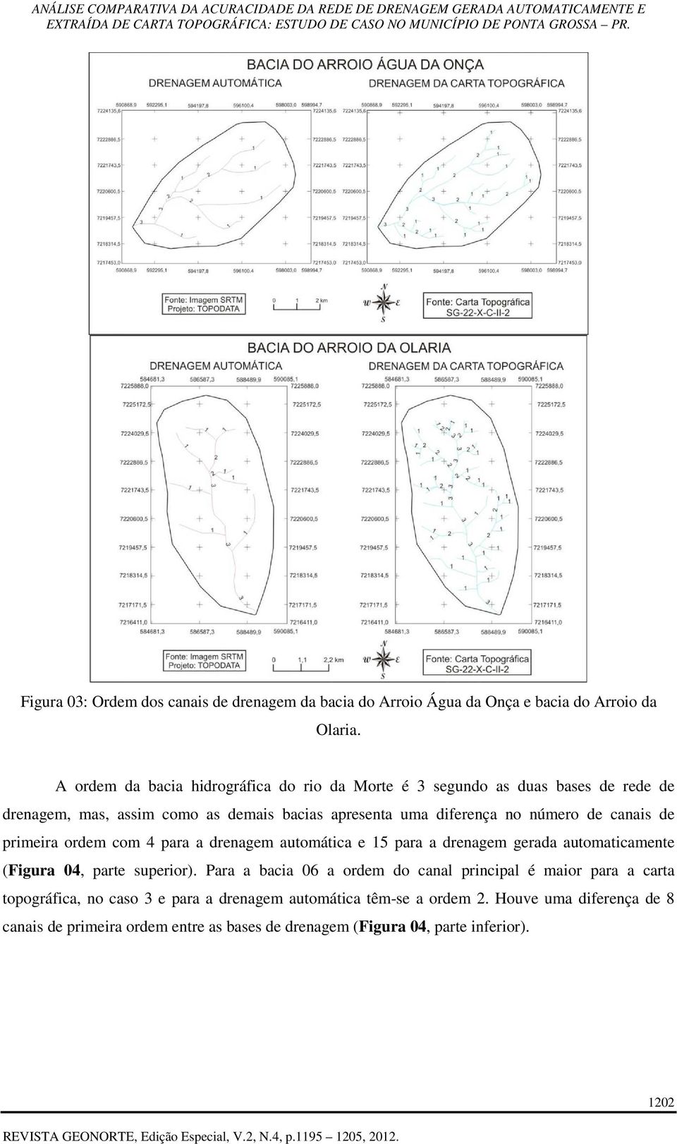 número de canais de primeira ordem com 4 para a drenagem automática e 15 para a drenagem gerada automaticamente (Figura 04, parte superior).