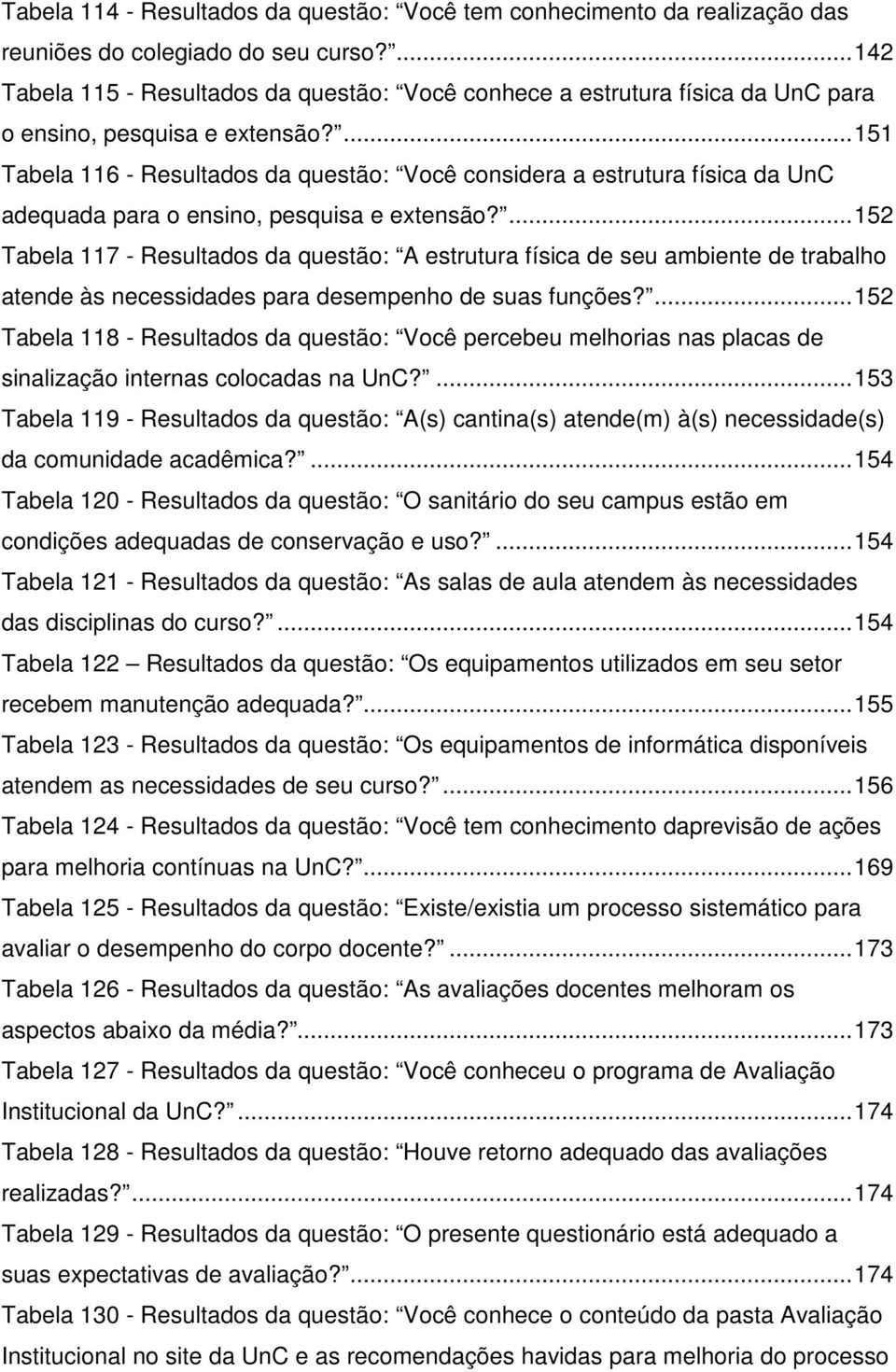 ... 151 Tabela 116 - Resultados da questão: Você considera a estrutura física da UnC adequada para o ensino, pesquisa e extensão?