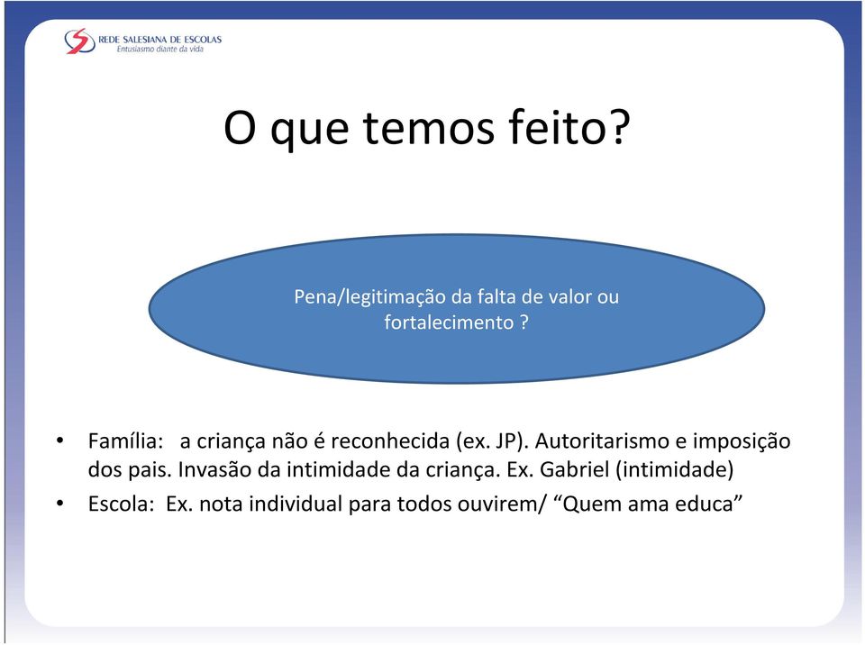 Família: a criança não éreconhecida (ex. JP).