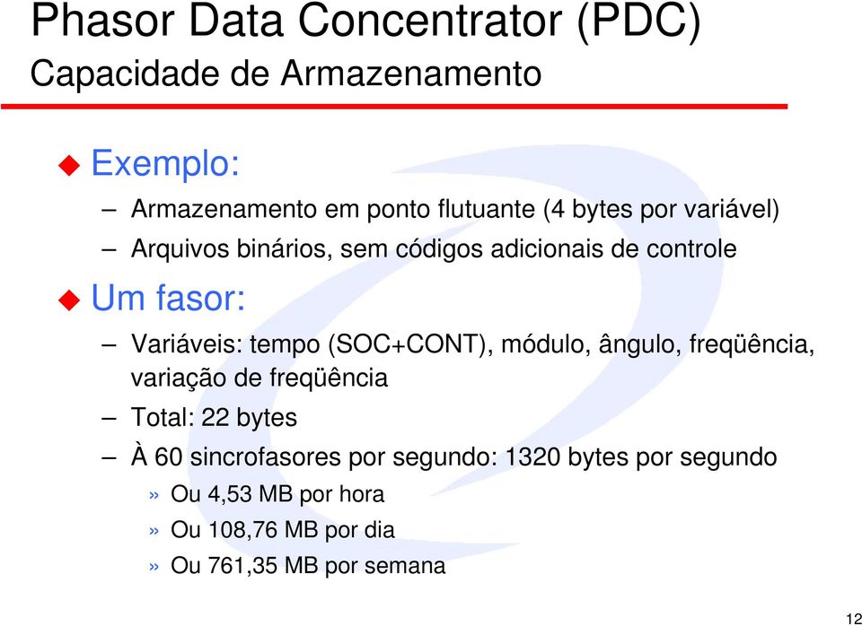 tempo (SOC+CONT), módulo, ângulo, freqüência, variação de freqüência Total: 22 bytes À 60