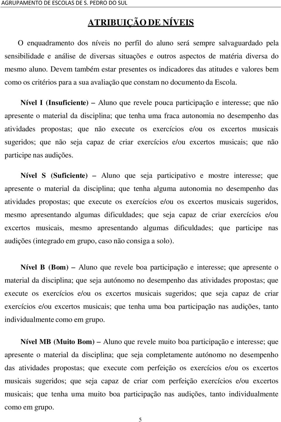 Nível I (Insuficiente) Aluno que revele pouca participação e interesse; que não apresente o material da disciplina; que tenha uma fraca autonomia no desempenho das atividades propostas; que não