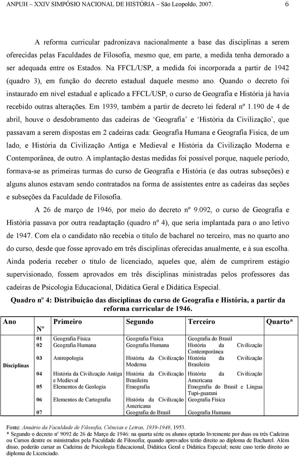 Quando o decreto foi instaurado em nível estadual e aplicado a FFCL/USP, o curso de Geografia e História já havia recebido outras alterações. Em 1939, também a partir de decreto lei federal nº 1.