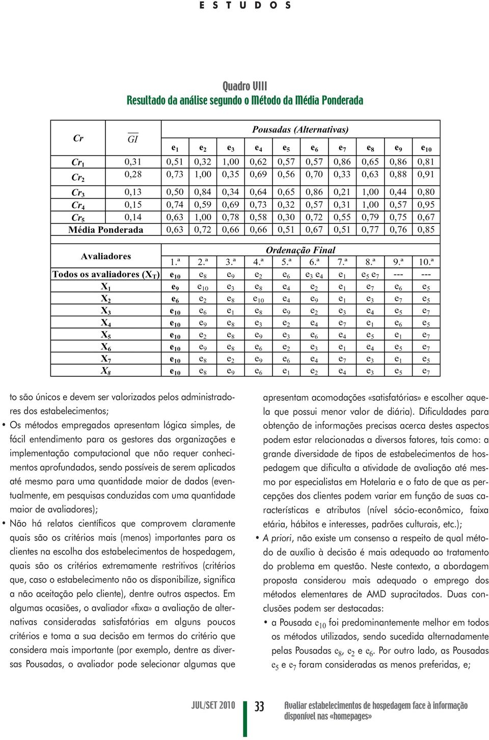 de dados (eventualmente, em pesquisas conduzidas com uma quantidade maior de avaliadores); Não há relatos científicos que comprovem claramente quais são os critérios mais (menos) importantes para os