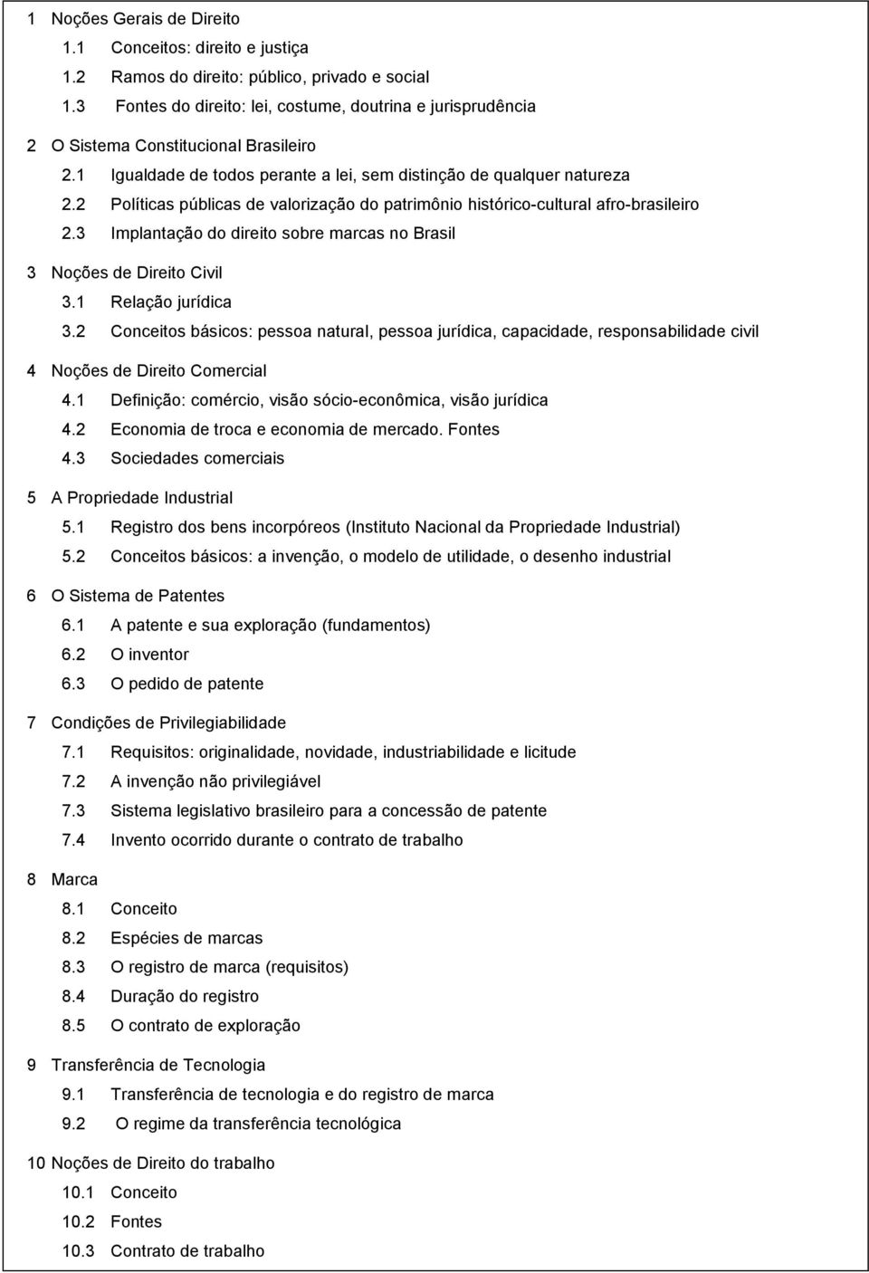 2 Políticas públicas de valorização do patrimônio histórico-cultural afro-brasileiro 2.3 Implantação do direito sobre marcas no Brasil 3 Noções de Direito Civil 3.1 Relação jurídica 3.