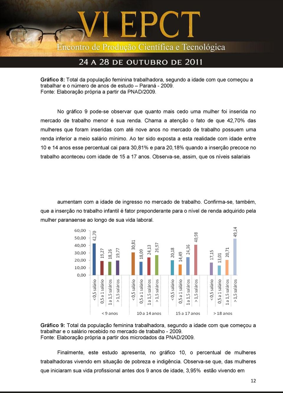 Chama a atenção o fato de que 42,70% das mulheres que foram inseridas com até nove anos no mercado de trabalho possuem uma renda inferior a meio salário mínimo.