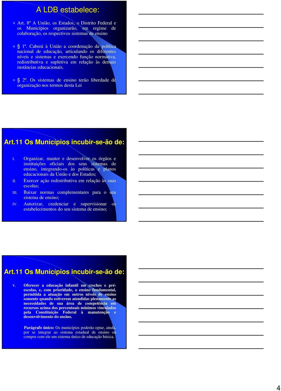 educacionais. 2º. Os sistemas de ensino terão liberdade de organização nos termos desta Lei Art.11 Os Municípios incubir-se se-ão de: I.