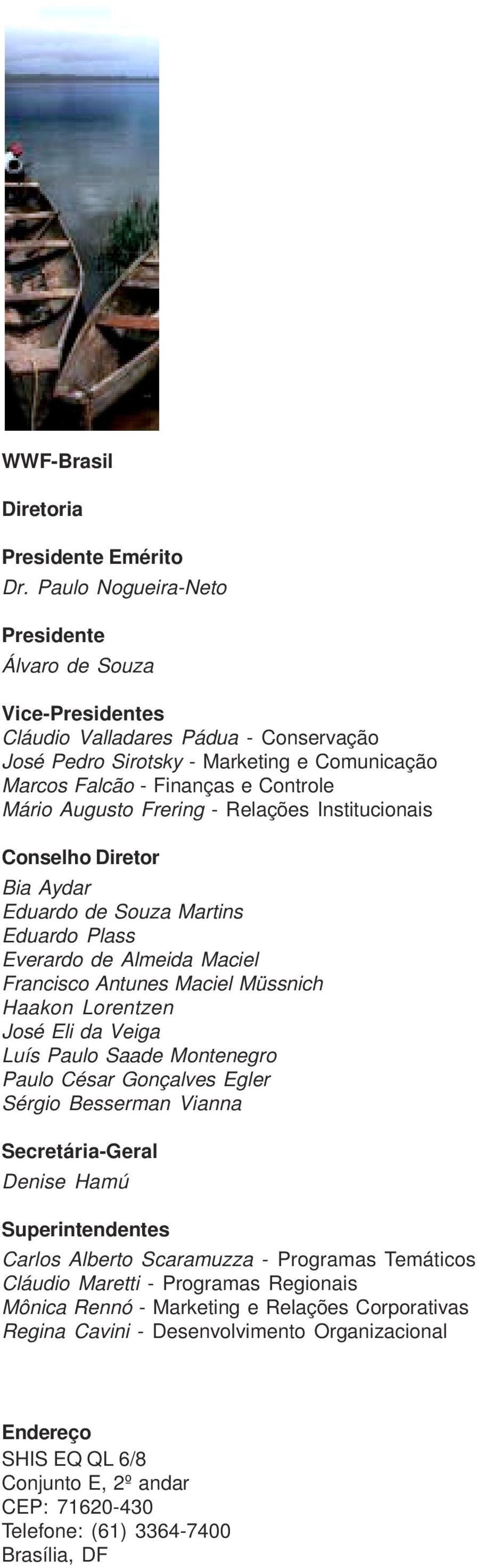 Frering - Relações Institucionais Conselho Diretor Bia Aydar Eduardo de Souza Martins Eduardo Plass Everardo de Almeida Maciel Francisco Antunes Maciel Müssnich Haakon Lorentzen José Eli da Veiga