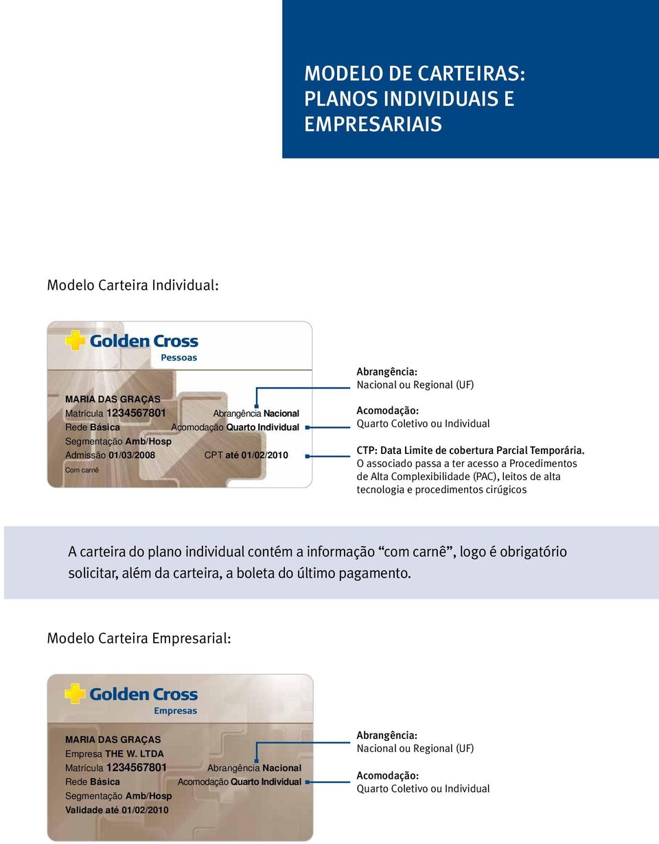 O associado passa a ter acesso a Procedimentos de Alta Complexibilidade (PAC), leitos de alta tecnologia e procedimentos cirúgicos A carteira do plano individual contém a informação com carnê, logo é