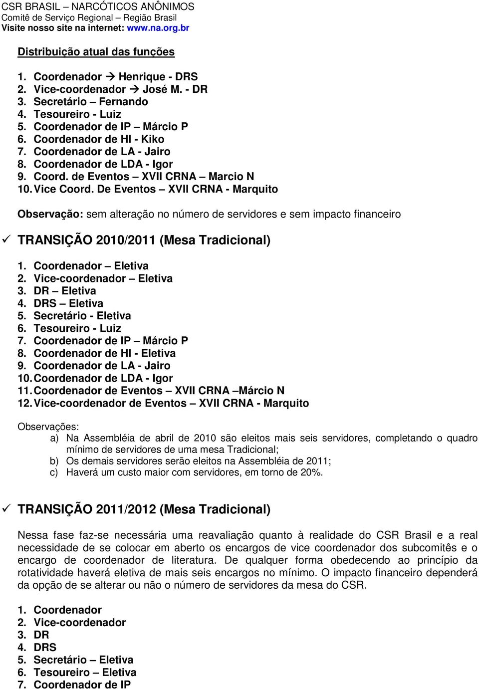 De Eventos XVII CRNA - Marquito Observação: sem alteração no número de servidores e sem impacto financeiro TRANSIÇÃO 2010/2011 (Mesa Tradicional) 1. Coordenador Eletiva 2. Vice-coordenador Eletiva 3.