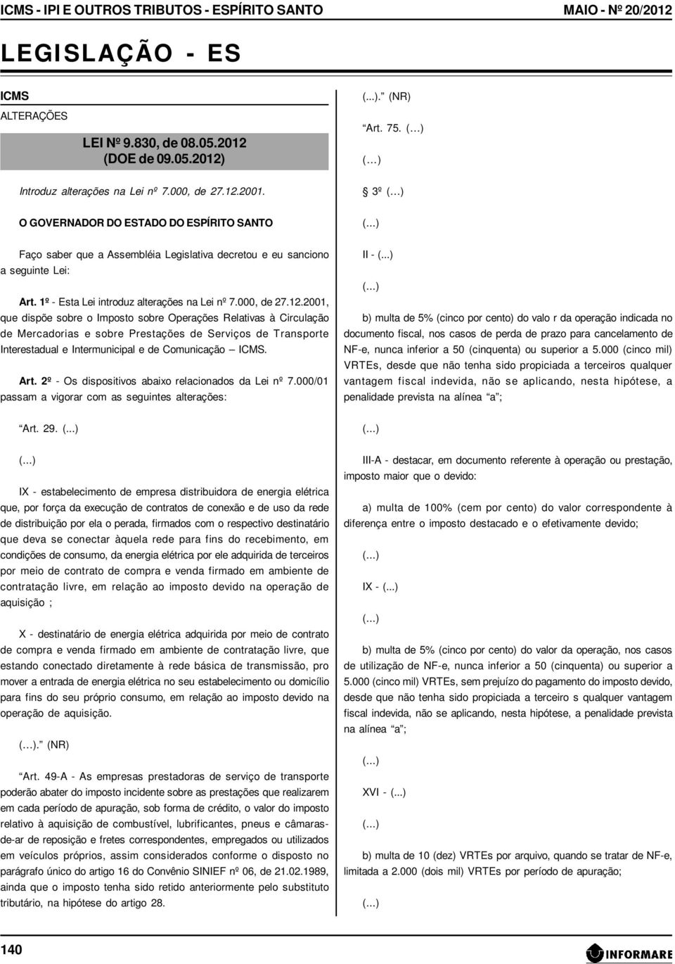 000, de 27.12.2001, que dispõe sobre o Imposto sobre Operações Relativas à Circulação de Mercadorias e sobre Prestações de Serviços de Transporte Interestadual e Intermunicipal e de Comunicação ICMS.