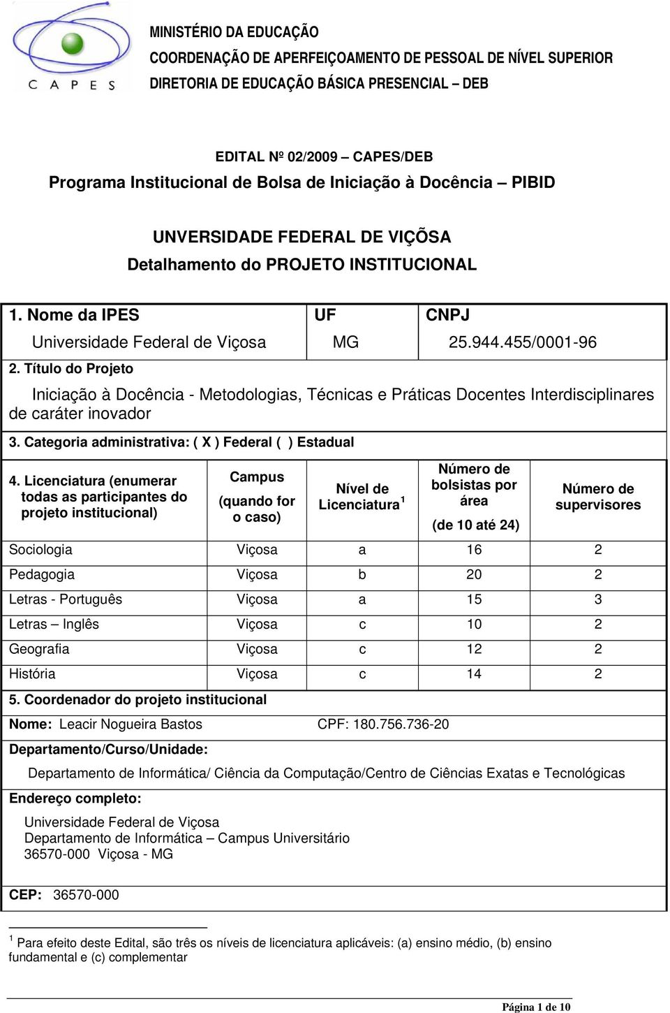 Título do Projeto Iniciação à Docência - Metodologias, Técnicas e Práticas Docentes Interdisciplinares de caráter inovador 3. Categoria administrativa: ( X ) Federal ( ) Estadual 4.