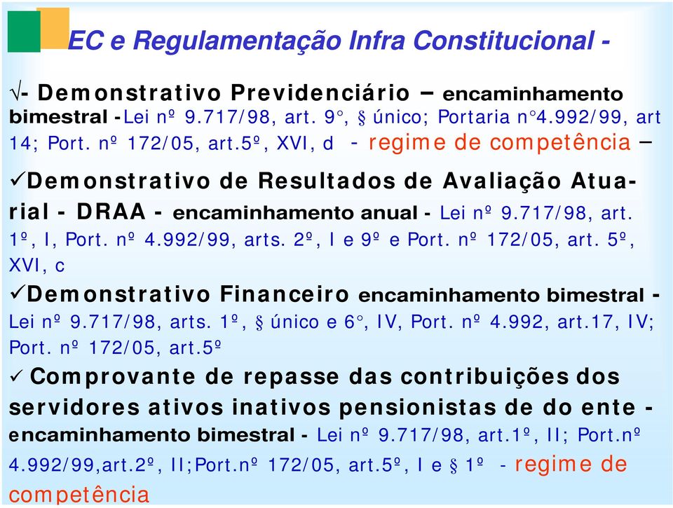 nº 172/05, art. 5º, XVI, c Dem onstrativo Financeiro encaminhamento bimestral - Lei nº 9.717/98, arts. 1º, único e 6, IV, Port. nº 4.992, art.17, IV; Port. nº 172/05, art.