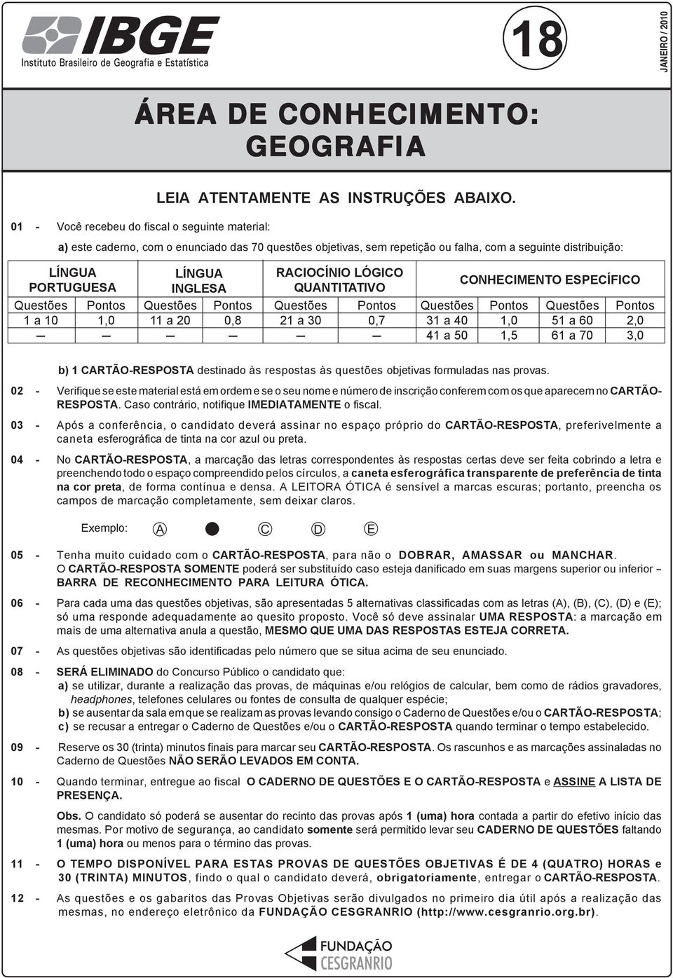 Pontos 1,0 - LÍNGUA INGLESA Questões 11 a 20 - Pontos 0,8 - RACIOCÍNIO LÓGICO QUANTITATIVO Questões 21 a 30 - Pontos 0,7 - Questões 31 a 40 41 a 50 CONHECIMENTO ESPECÍFICO Pontos 1,0 1,5 Questões 51