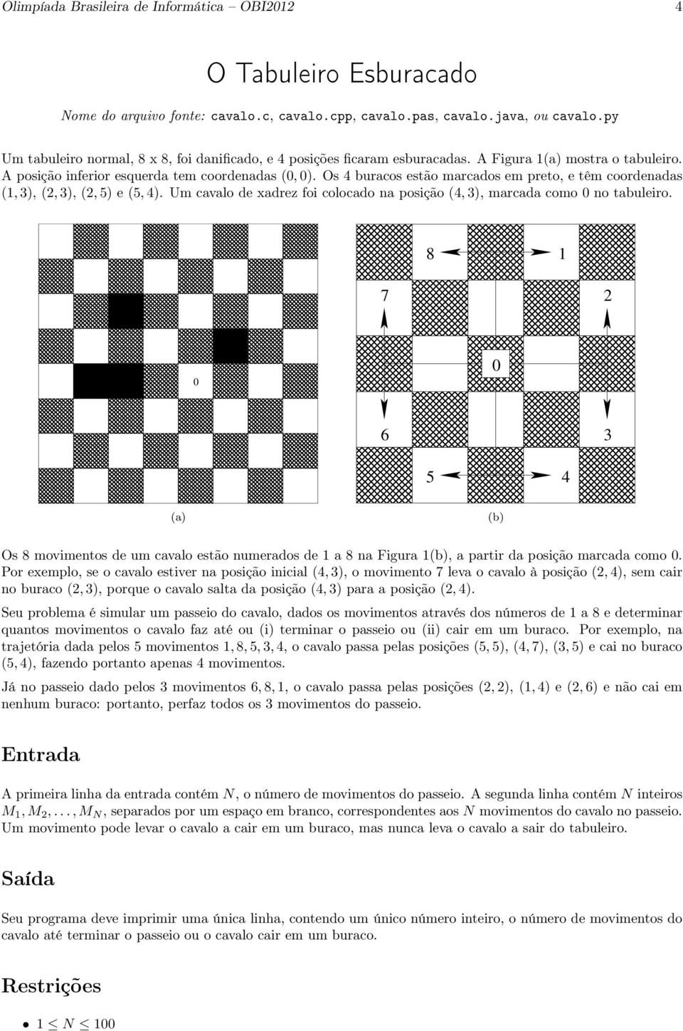 Os 4 buracos estão marcados em preto, e têm coordenadas (1, 3), (2, 3), (2, 5) e (5, 4). Um cavalo de xadrez foi colocado na posição (4, 3), marcada como 0 no tabuleiro.