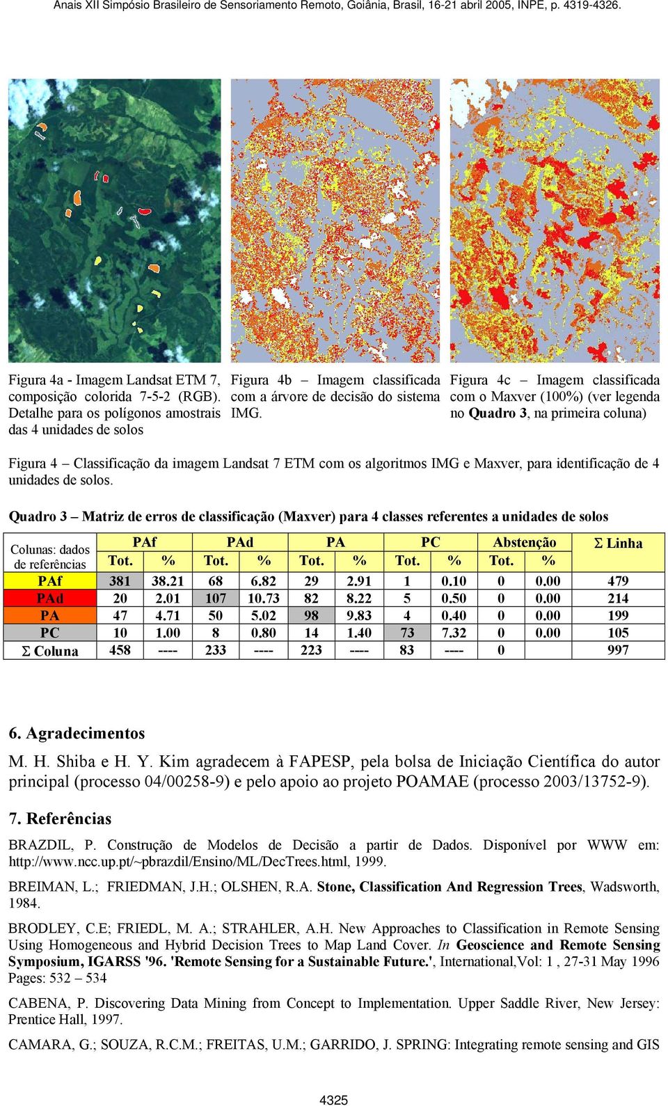 unidades de solos. Quadro 3 Matriz de erros de classificação (Maxver) para 4 classes referentes a unidades de solos PAf PAd PA PC Abstenção Colunas: dados Σ Linha de referências Tot. % Tot.