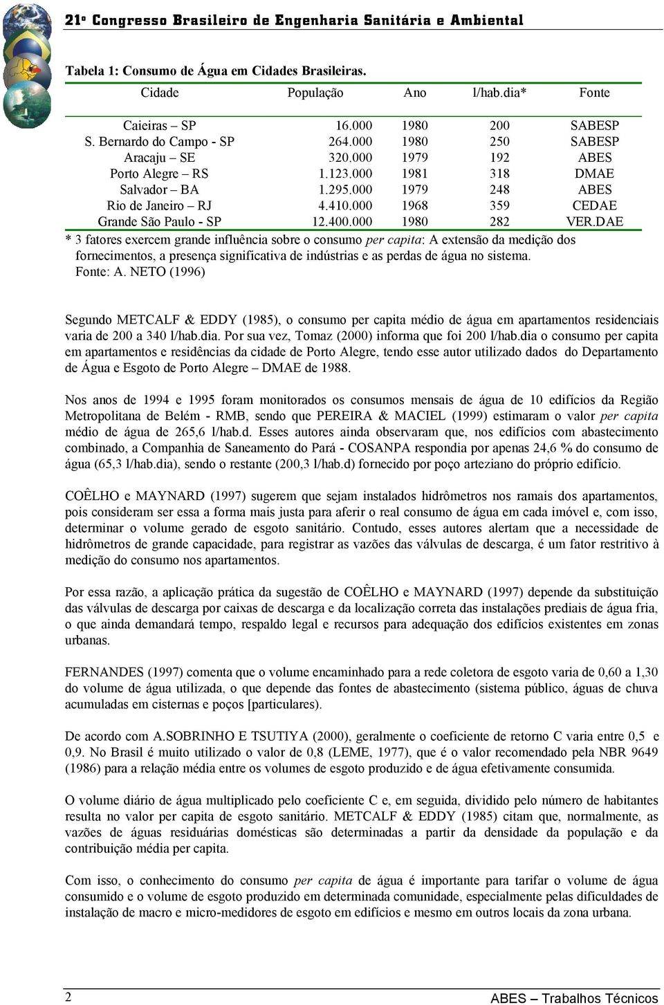 DAE * 3 fatores exercem grande influência sobre o consumo per capita: A extensão da medição dos fornecimentos, a presença significativa de indústrias e as perdas de água no sistema. Fonte: A.