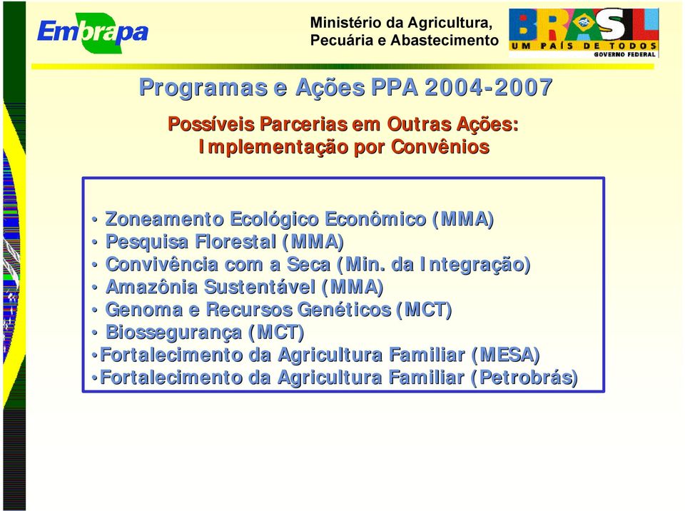 (Min. da Integração) Amazônia Sustentável (MMA) Genoma e Recursos Genéticos (MCT)