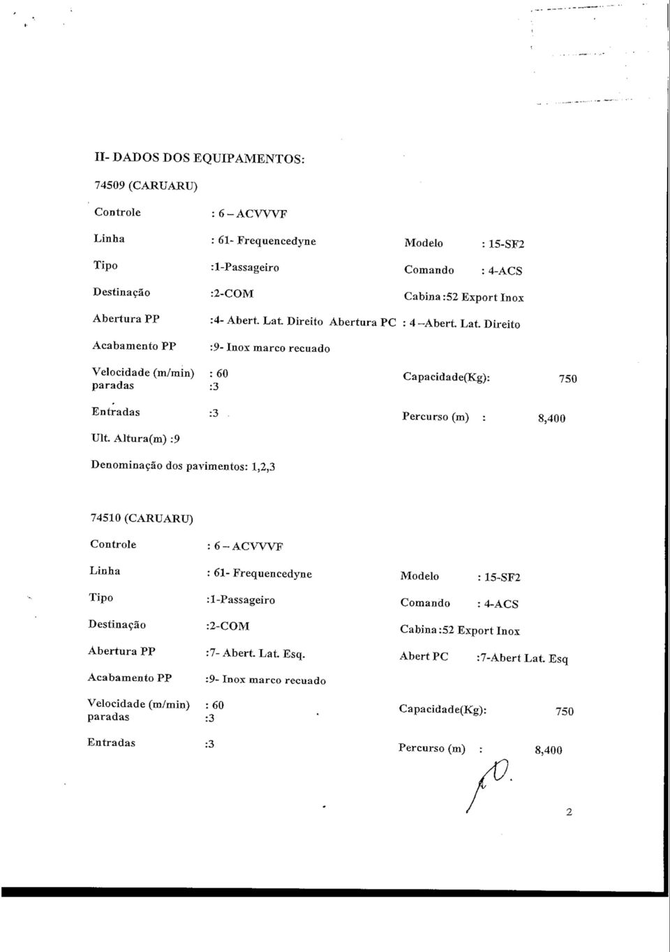 Lat Direito :9- Inox marco recuado Velocidade (m/min) : 60 paradas :3 Entradas :3 Ult Altura(m) :9 Denominação dos pavimentos: 1,2,3 Capacídade(Kg): Percurso (m) : 8,400 750 74510 (CARUARU)