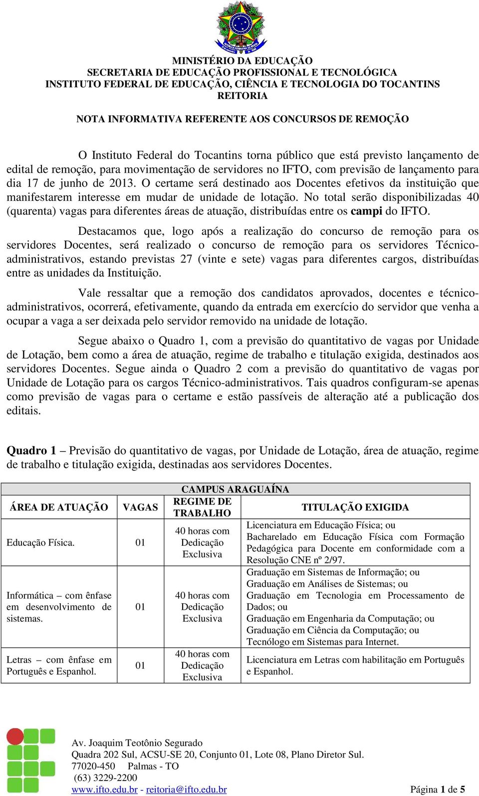 No total serão disponibilizadas 40 (quarenta) vagas para diferentes áreas de atuação, distribuídas entre os campi do IFTO.