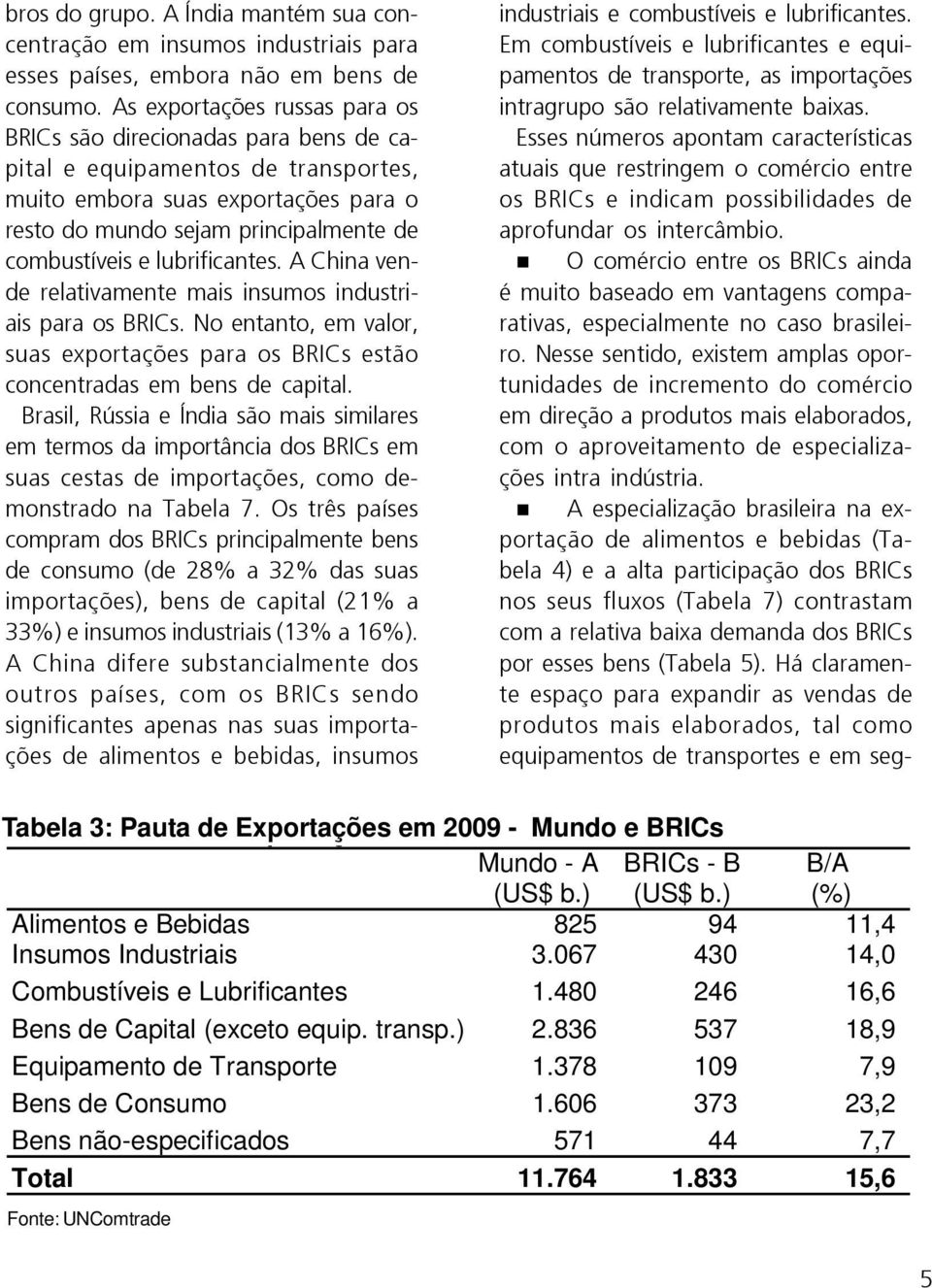 lubrificantes. A China vende relativamente mais insumos industriais para os BRICs. No entanto, em valor, suas exportações para os BRICs estão concentradas em bens de capital.