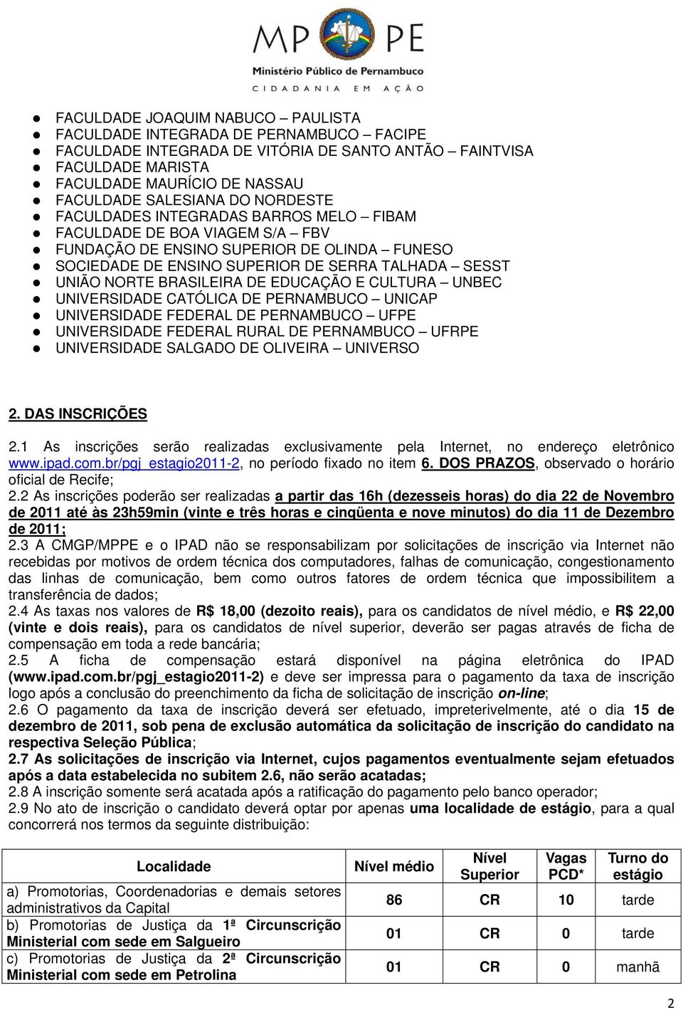 BRASILEIRA DE EDUCAÇÃO E CULTURA UNBEC UNIVERSIDADE CATÓLICA DE PERNAMBUCO UNICAP UNIVERSIDADE FEDERAL DE PERNAMBUCO UFPE UNIVERSIDADE FEDERAL RURAL DE PERNAMBUCO UFRPE UNIVERSIDADE SALGADO DE