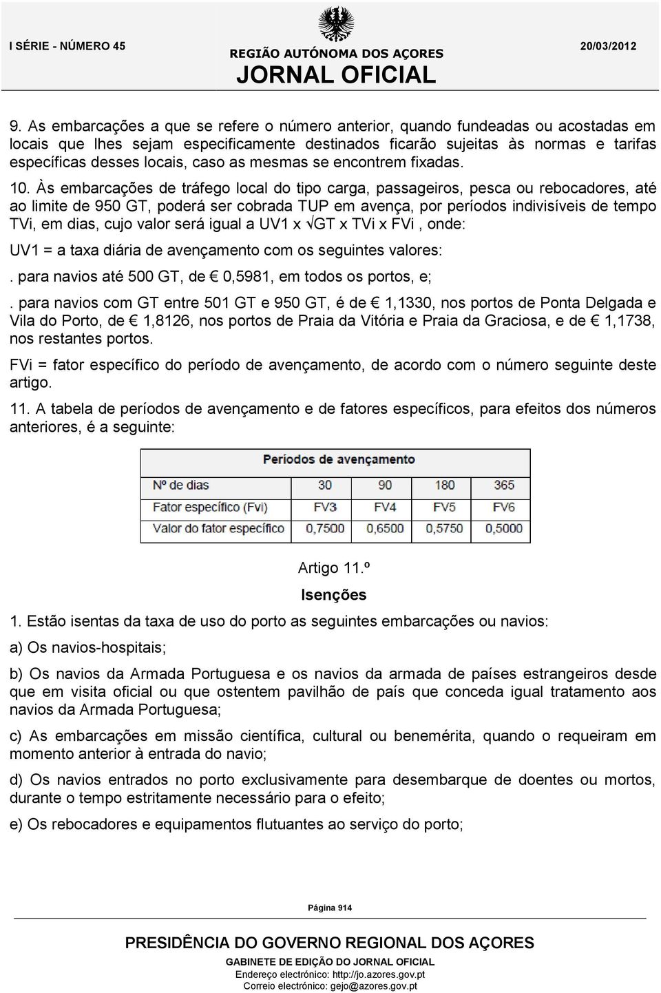 Às embarcações de tráfego local do tipo carga, passageiros, pesca ou rebocadores, até ao limite de 950 GT, poderá ser cobrada TUP em avença, por períodos indivisíveis de tempo TVi, em dias, cujo