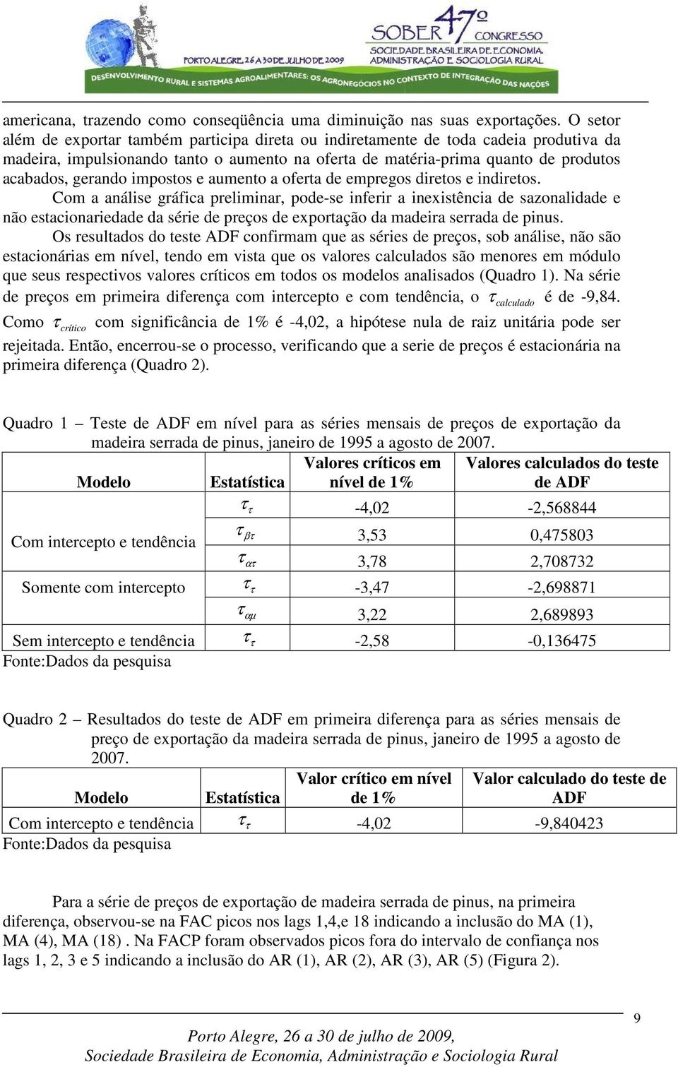 dires e indires. Cm a análise gráfica preliminar, pde-se inferir a inexisência de saznalidade e nã esacinariedade da série de preçs de expraçã da madeira serrada de pinus.