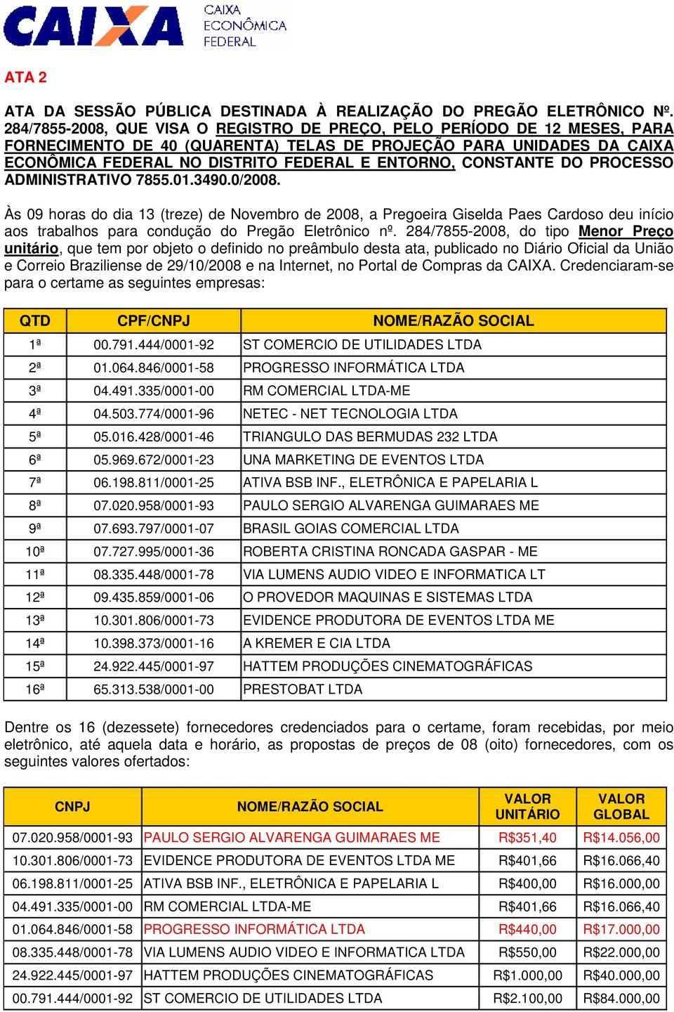 CONSTANTE DO PROCESSO ADMINISTRATIVO 7855.01.3490.0/2008. Às 09 horas do dia 13 (treze) de Novembro de 2008, a deu início aos trabalhos para condução do Pregão Eletrônico nº.