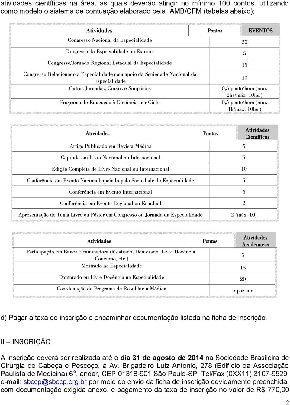 Nacional da Especialidade Outras Jornadas, Cursos e Simpósios Programa de Educação à Distância por Ciclo 10 0,5 ponto/hora (mín. 2hs/máx. 10hs.