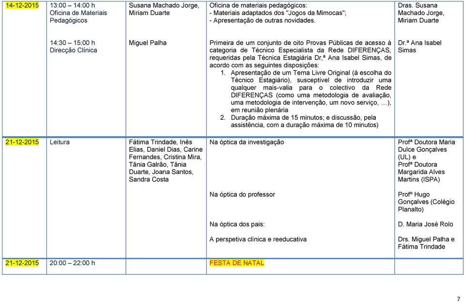 Susana Machado Jorge, Miriam Duarte Primeira de um conjunto de oito Provas Públicas de acesso à categoria de Técnico Especialista da Rede DIFERENÇAS, requeridas pela Técnica Estagiária Dr,ª Ana