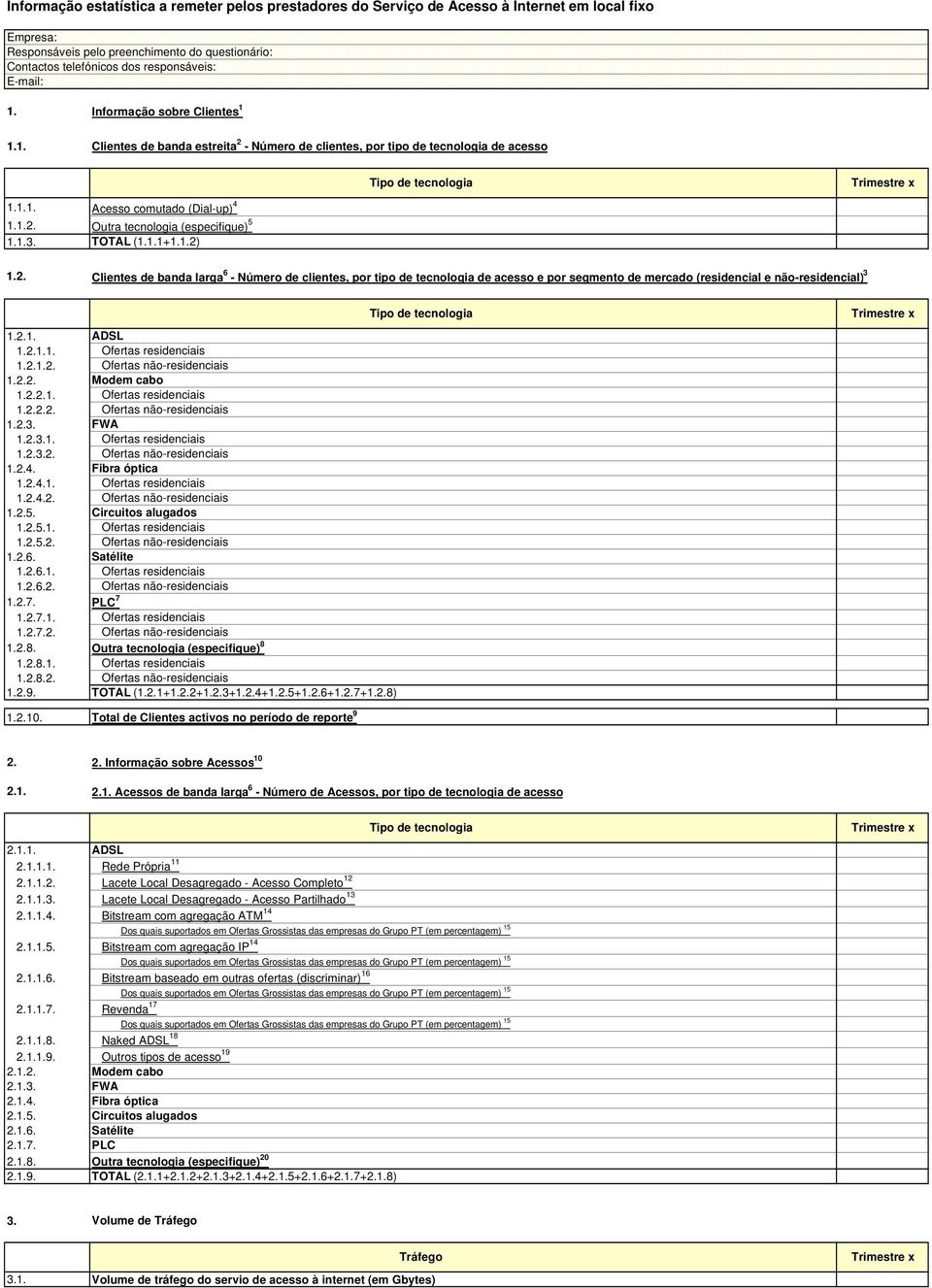 1.3. TOTAL (1.1.1+1.1.2) 1.2. Clientes de banda larga 6 - Número de clientes, por tipo de tecnologia de acesso e por segmento de mercado (residencial e não-residencial) 3 Tipo de tecnologia Trimestre x 1.