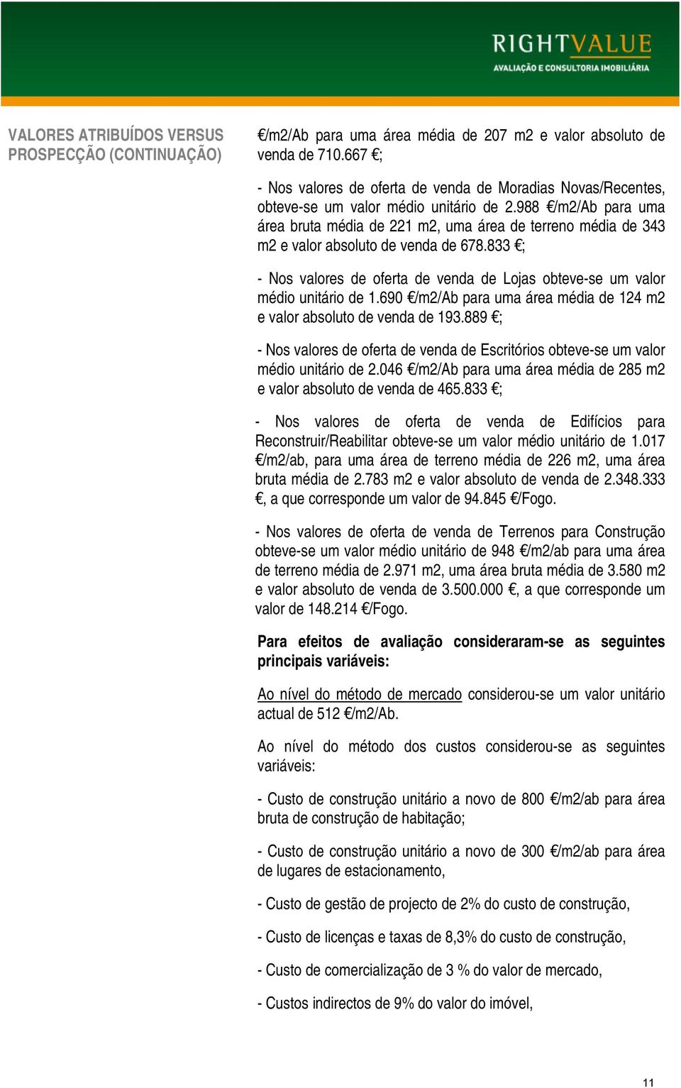 988 /m2/ab para uma área bruta média de 221 m2, uma área de terreno média de 343 m2 e valor absoluto de venda de 678.