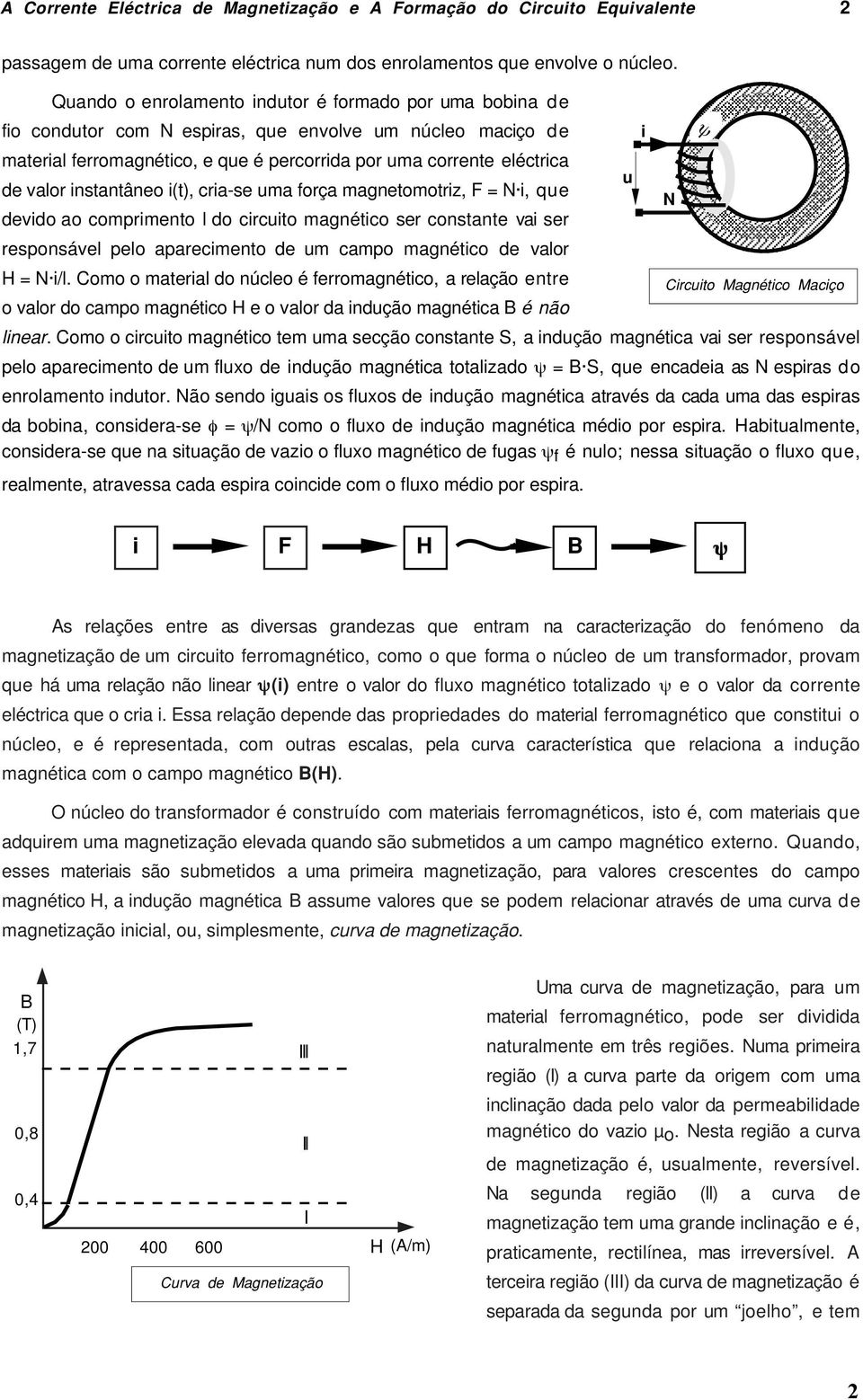 i(t), cia-se uma foça magnetomotiz, F = N i, que N devido ao compimento l do cicuito magnético se constante vai se esponsável pelo apaecimento de um campo magnético de valo H = N i/l.