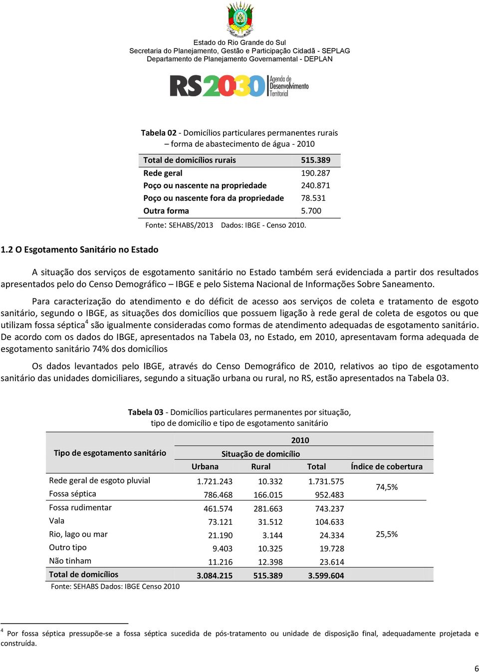 A situação dos serviços de esgotamento sanitário no Estado também será evidenciada a partir dos resultados apresentados pelo do Censo Demográfico IBGE e pelo Sistema Nacional de Informações Sobre