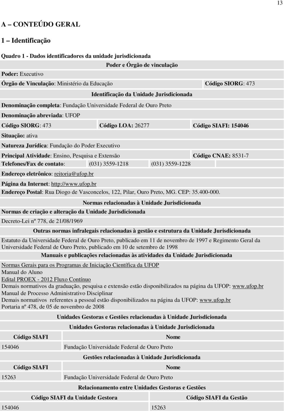 Situação: ativa Natureza Jurídica: Fundação do Poder Executivo Principal Atividade: Ensino, Pesquisa e Extensão Código CNAE: 8531-7 Telefones/Fax de contato: (031) 3559-1218 (031) 3559-1228 Endereço