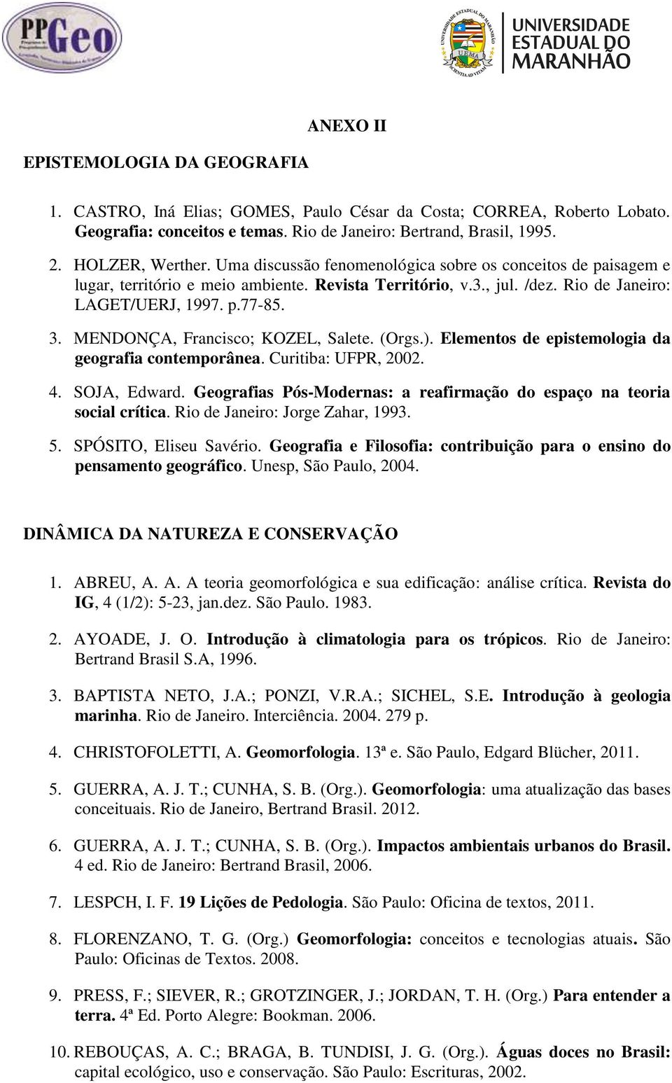 MENDONÇA, Francisco; KOZEL, Salete. (Orgs.). Elementos de epistemologia da geografia contemporânea. Curitiba: UFPR, 2002. 4. SOJA, Edward.