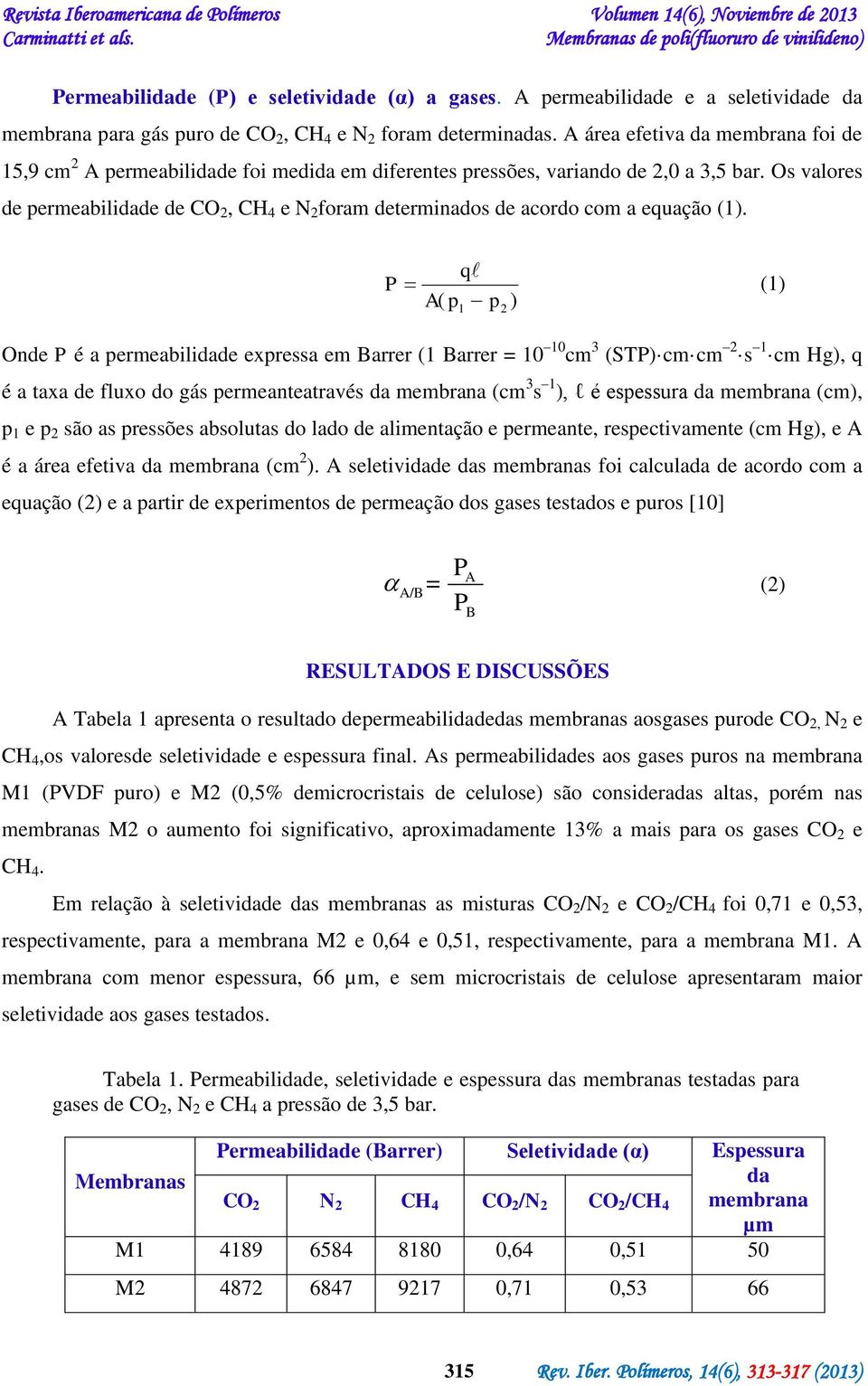 Os valores de permeabilidade de CO 2, CH 4 e N 2 foram determinados de acordo com a equação (1).