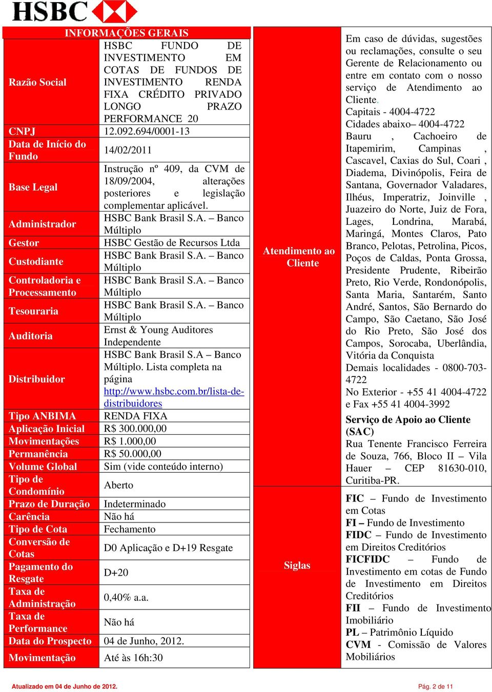 300.000,00 Movimentações R$ 1.000,00 Permanência R$ 50.000,00 Instrução nº 409, da CVM de 18/09/2004, alterações posteriores e legislação complementar aplicável. HSBC Bank Brasil S.A.