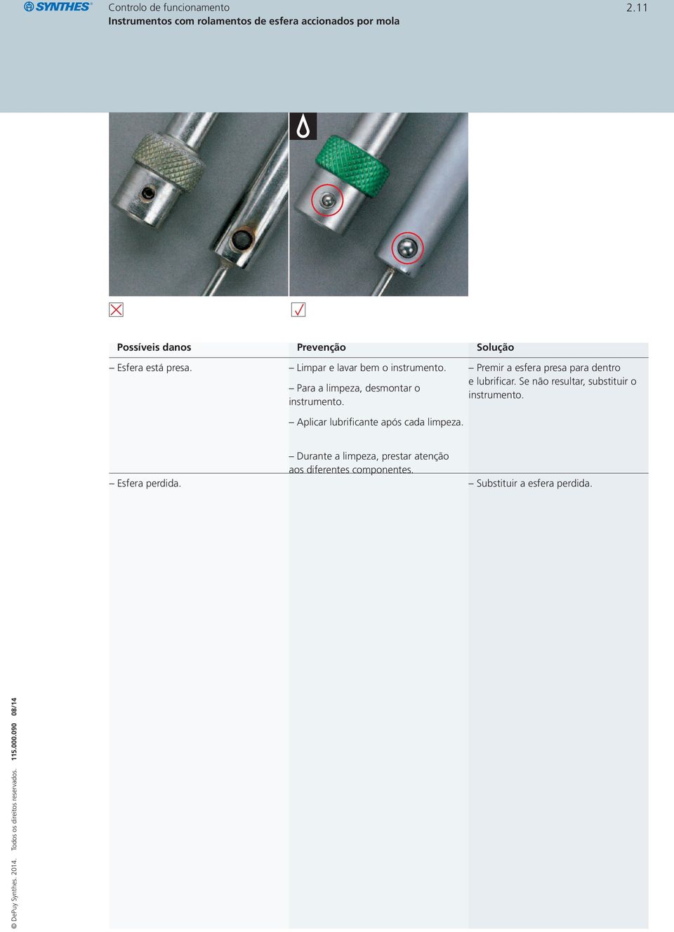 Aplicar lubrificante após cada limpeza. Premir a esfera presa para dentro e lubrificar.