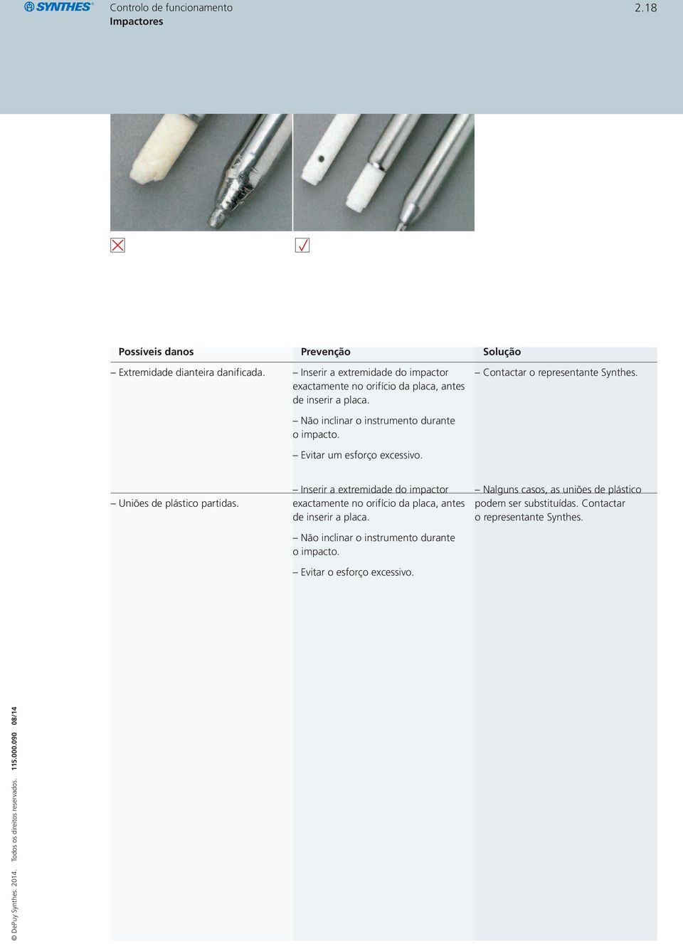 Não inclinar o instrumento durante o impacto. Evitar um esforço excessivo. Contactar o representante Synthes.