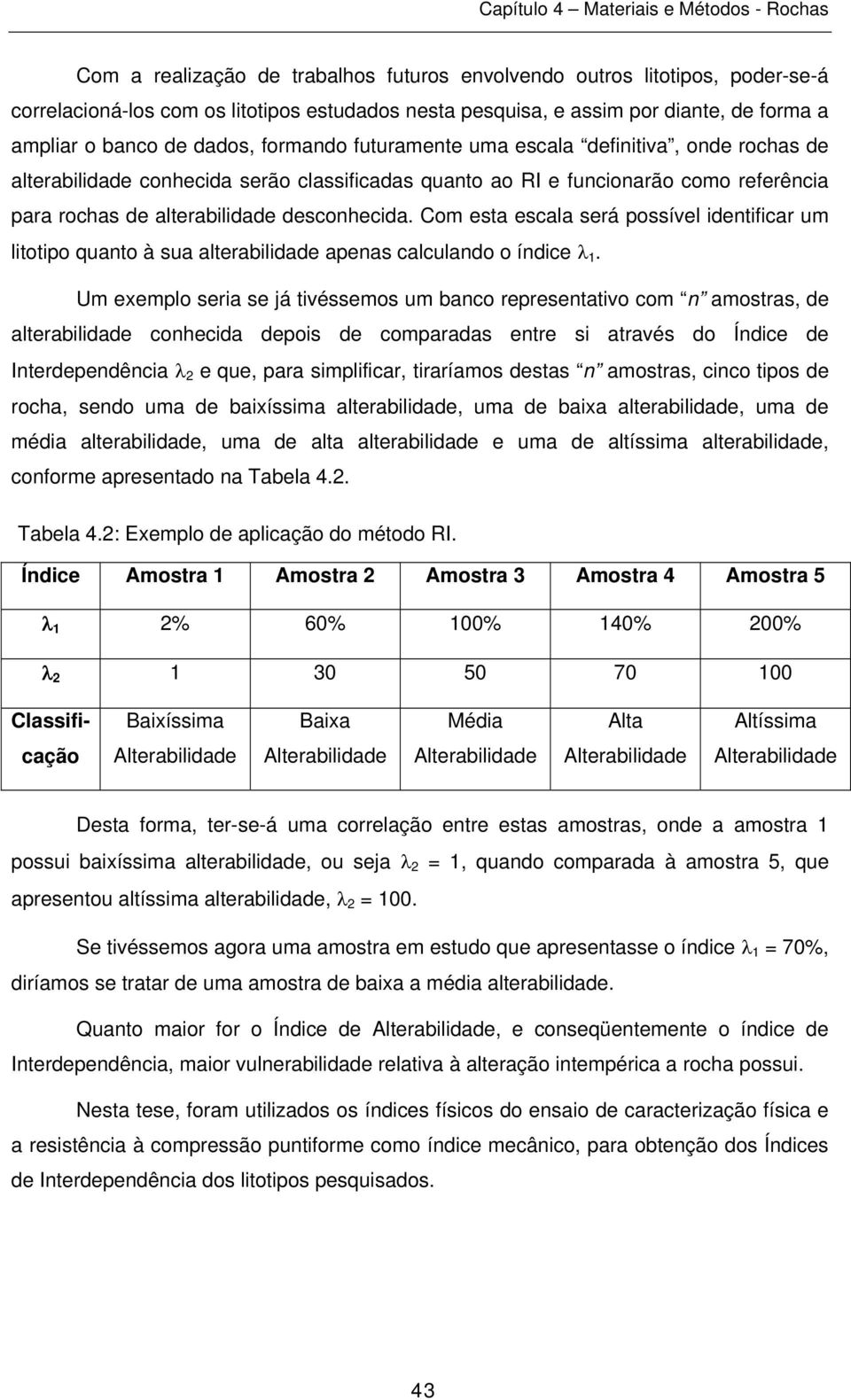 Com esta escala será possível identificar um litotipo quanto à sua alterabilidade apenas calculando o índice λ 1.