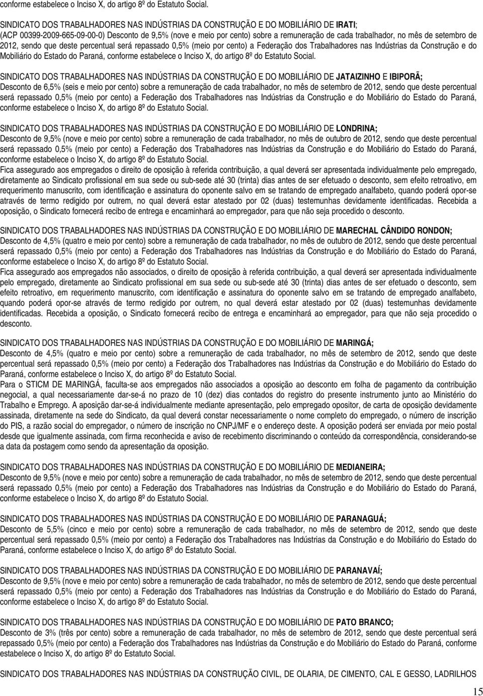 mês de setembro de 2012, sendo que deste percentual será repassado 0,5% (meio por cento) a Federação dos Trabalhadores nas Indústrias da Construção e do Mobiliário do Estado do Paraná,  SINDICATO DOS