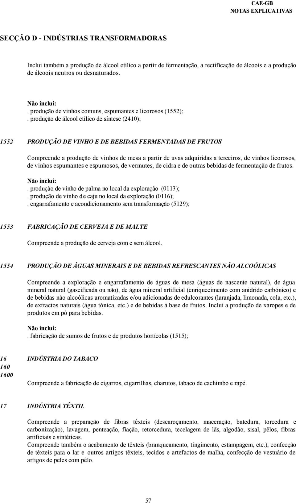 produção de álcool etílico de síntese (2410); 1552 PRODUÇÃO DE VINHO E DE BEBIDAS FERMENTADAS DE FRUTOS Compreende a produção de vinhos de mesa a partir de uvas adquiridas a terceiros, de vinhos