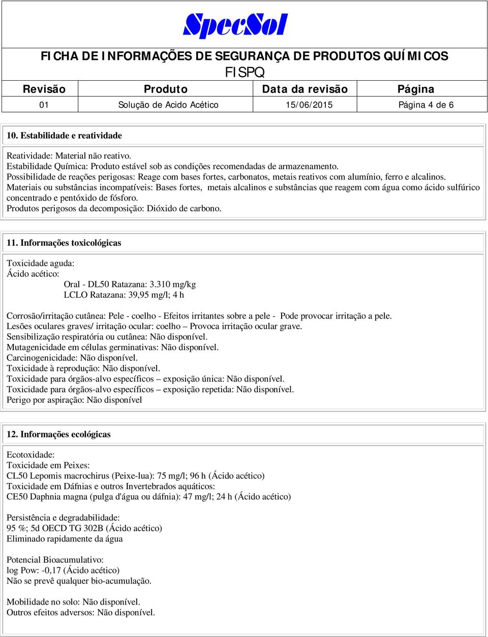 Possibilidade de reações perigosas: Reage com bases fortes, carbonatos, metais reativos com alumínio, ferro e alcalinos.